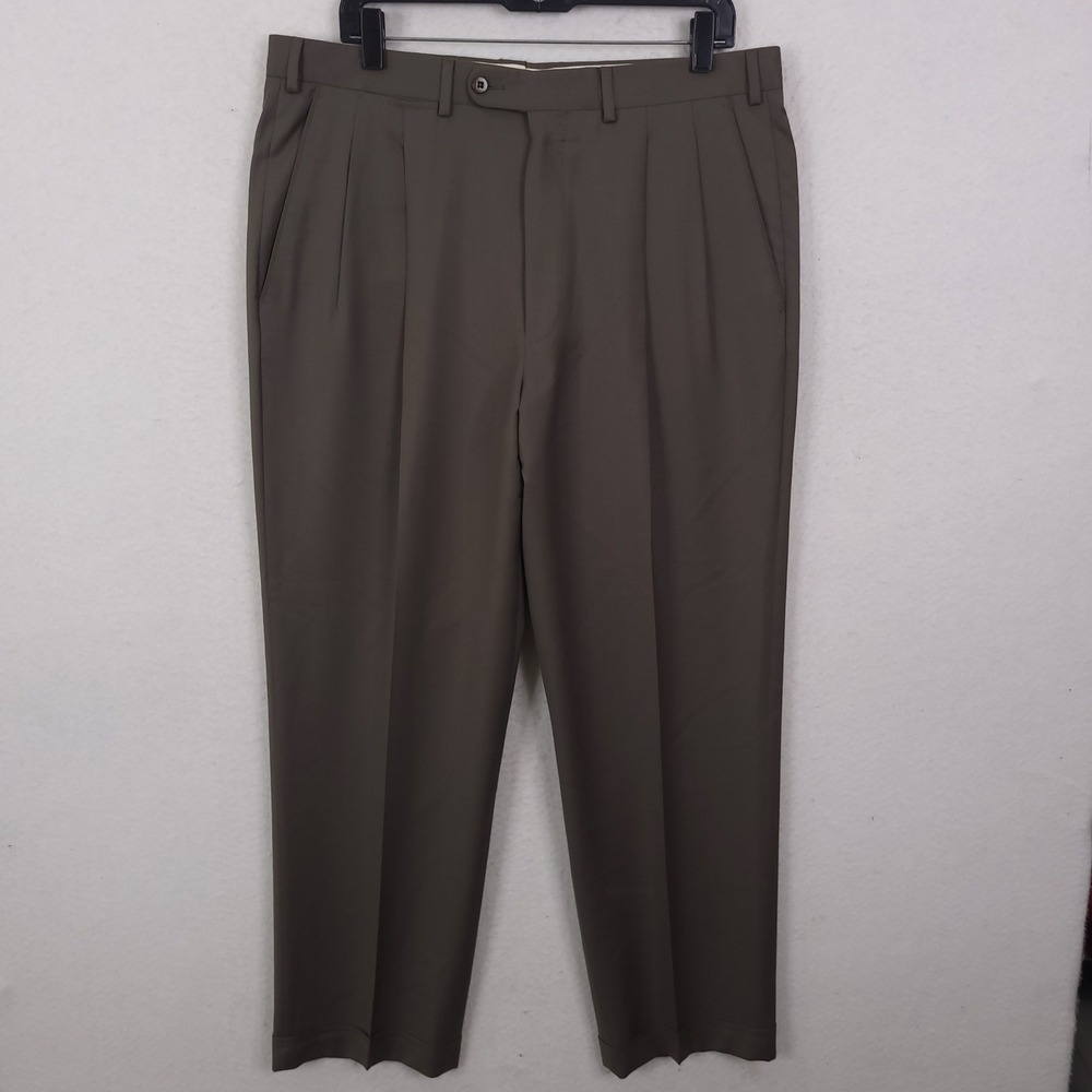 Ermenegildo Zegna Dress Pants Men 34 Fits 36x29 Olive Brown Wool Pleated Cuffed